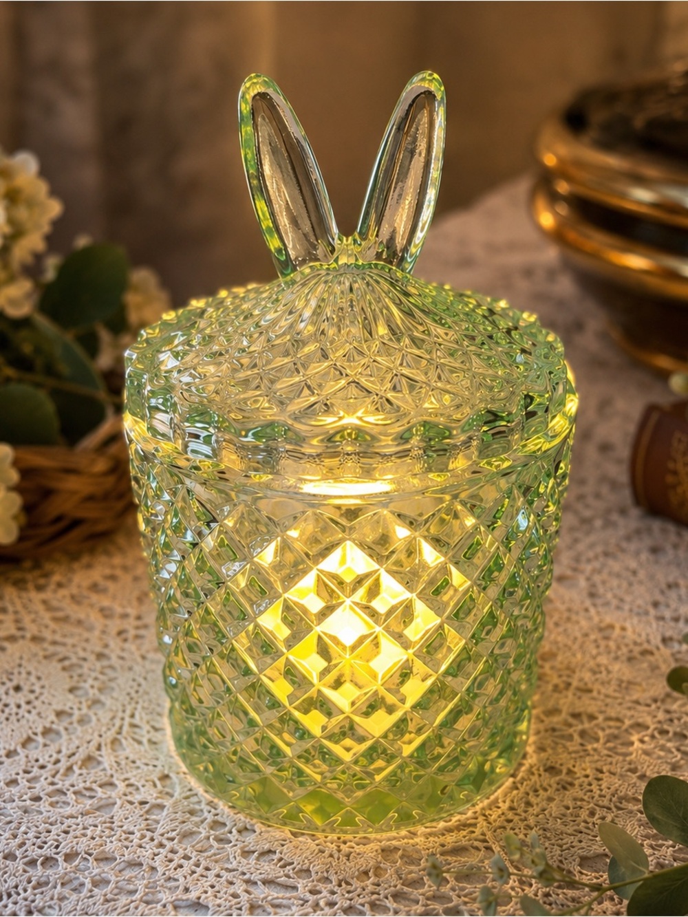 Glass Bunny Ear Fairy Lamp Cottagecore Easter Decor